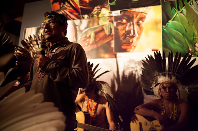 Chief Biraci Yawanawa of the Yawanawa tribe speaks at an exhibition during Rio+20 [Zack Embree/Al Jazeera]