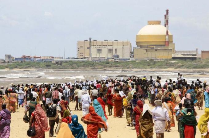 Demonstrators gather near a nuclear power project during a protest in Kudankulam