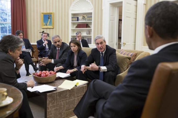 White House handout shows U.S. President Obama receiving an update from his national security team on Boston bombings.