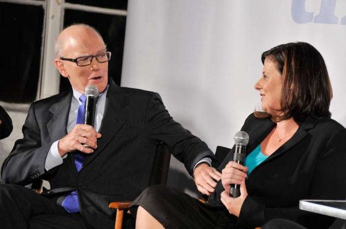 Former counsel to The NSA Stewart Baker and Guardian US editor-in-chief Janine Gibson speak at The Guardian NSA Debate [Getty Images]