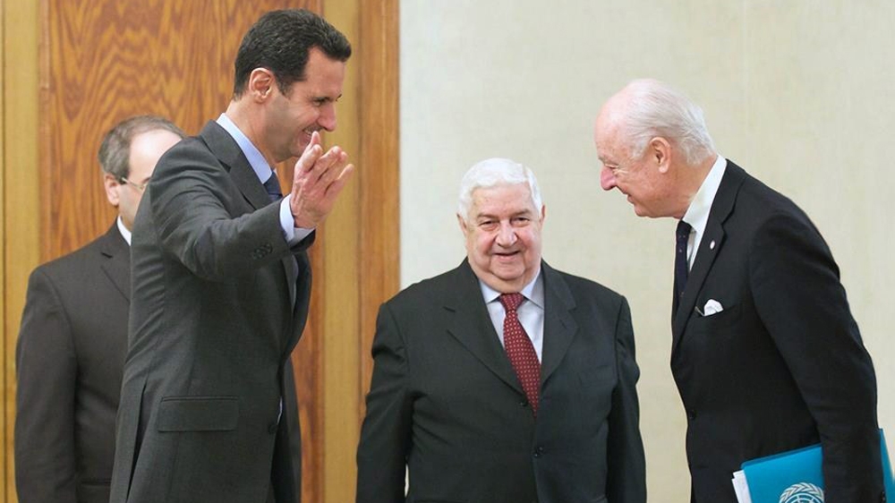 Syrian President Bashar al-Assad greets UN special envoy for Syria, Staffan de Mistura