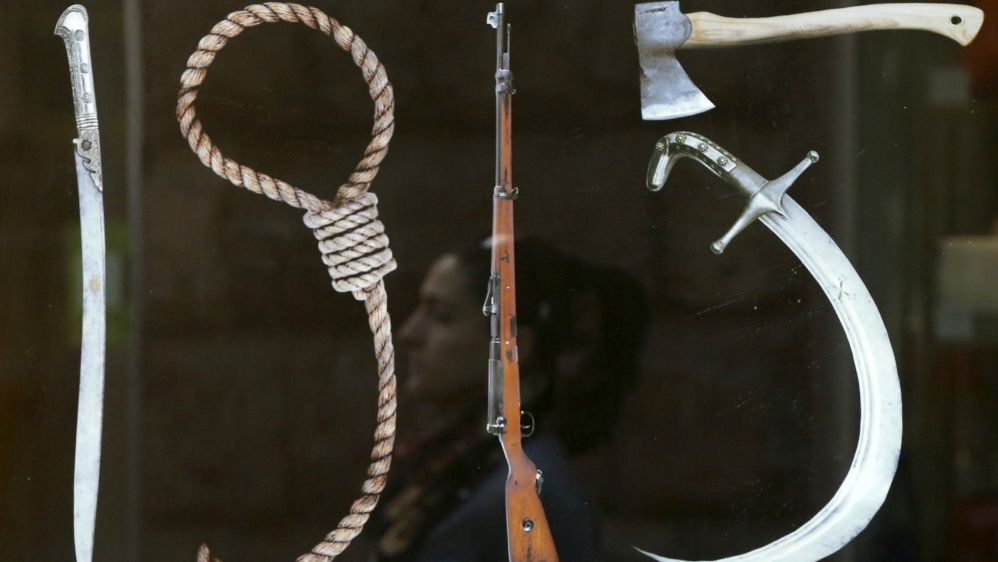 A display containing a banner depicting ''Tools of Genocide'' forming the shape of ''1915'', in reference to the year of the mass killings of Armenians by Ottoman Turks, in Yerevan [ REUTERS]
