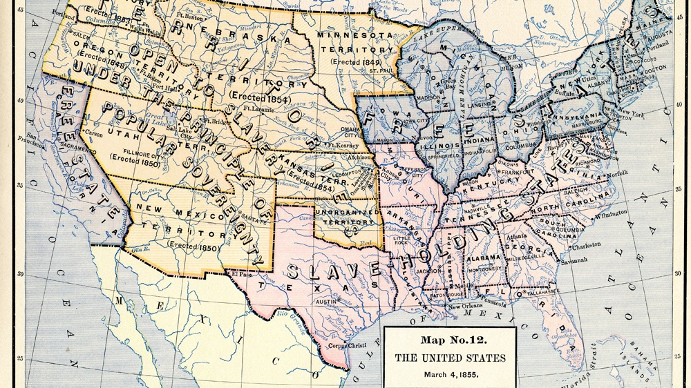 A colour-coded map illustrates the ”Free States’,’ ”Slave-Holding States,’, and ‘Territories Open To Slavery Under The Principle Of Popular Sovereignty’ before the US Civil War [Getty Images]