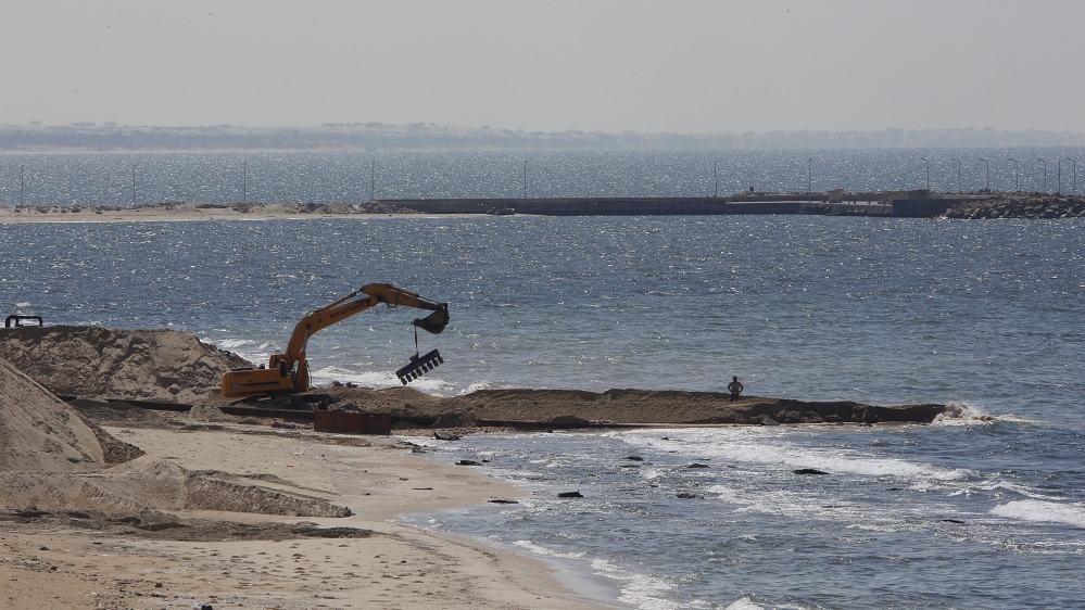 Works being done on the Egyptian coastline of the Mediterranean Sea, viewed from the Gaza side [EPA]