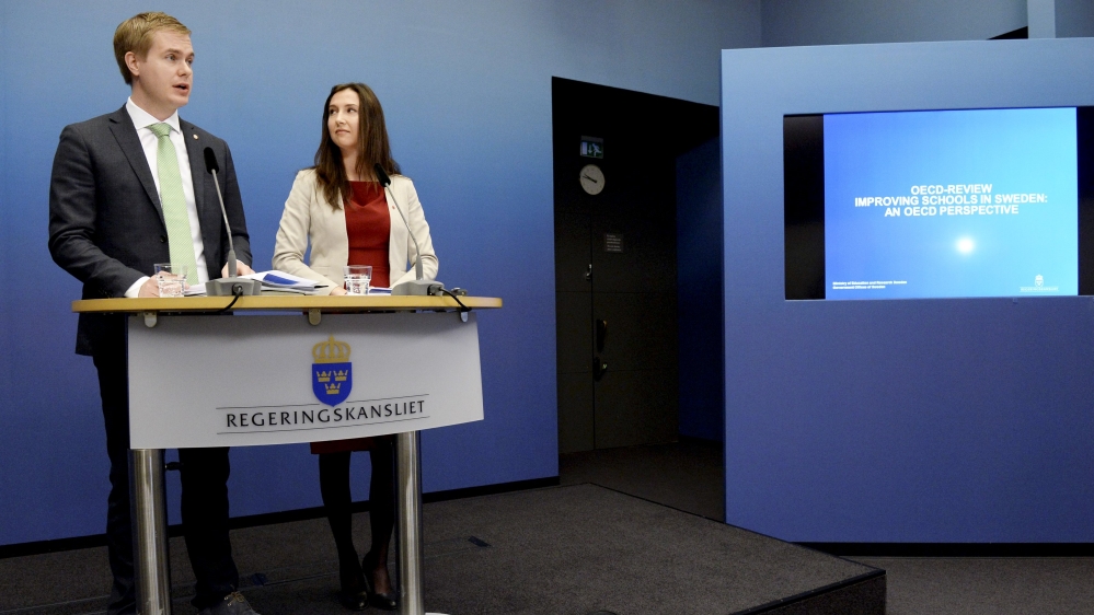 Swedenâ€™s Education Minister Fridolin and Upper Secondary School and Adult Education and Training Minister Hadzialic speak at a news conference in Stockholm