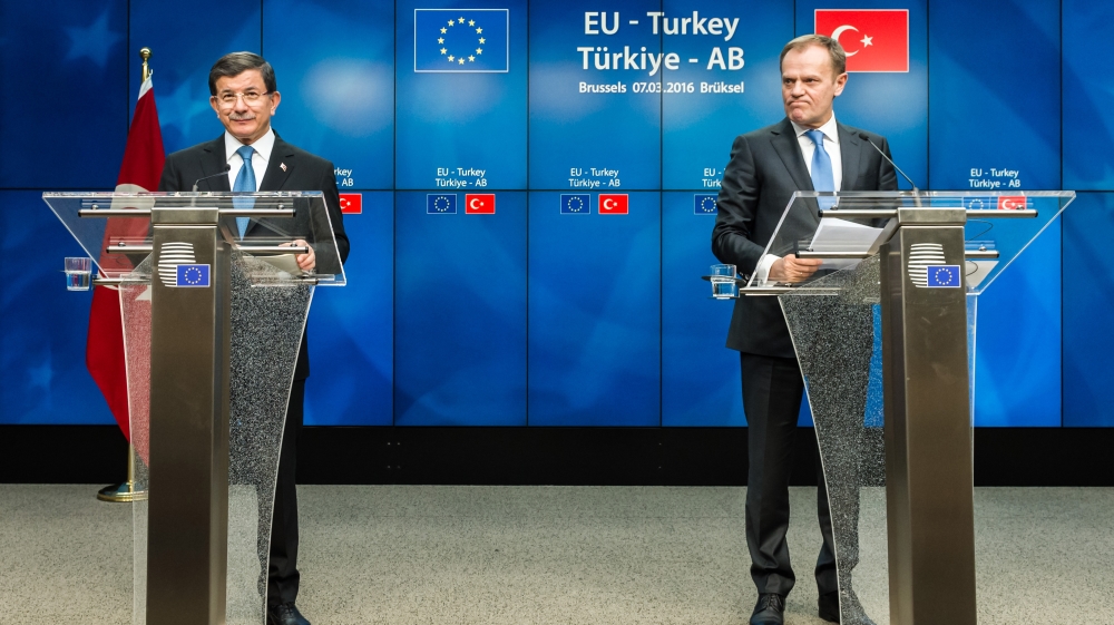 Turkish Prime Minister Ahmet Davutoglu, left, and European Council President Donald Tusk