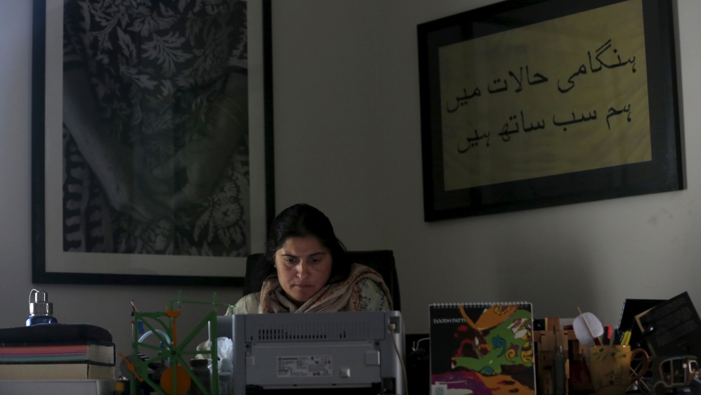 Pakistani journalist and filmmaker Sharmeen Obaid-Chinoy works on her computer at her office in Karachi