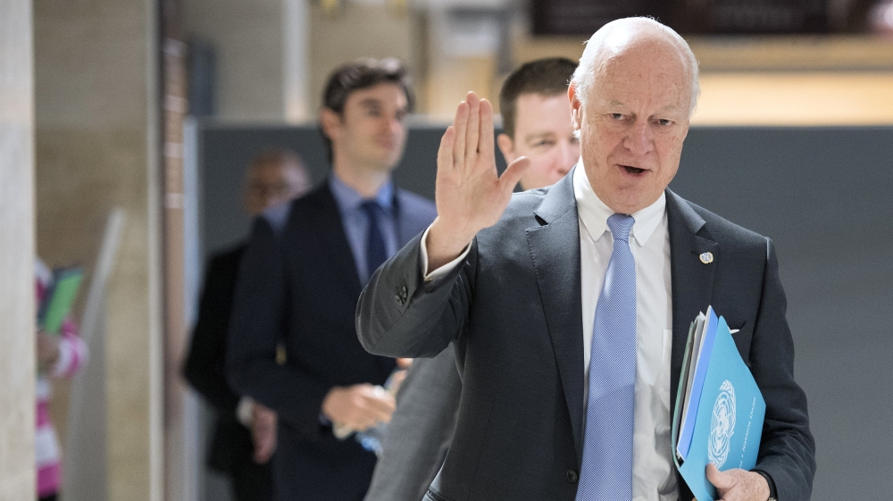 U.N. Special Envoy of the Secretary-General for Syria Staffan de Mistura gestures prior a round of negotiations between the Syria''s regime-tolerated opposition and the U.N., at the European headquarte