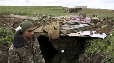 Soldiers of the self-defense army of Nagorno-Karabakh gather in Martakert province in Nagorno-Karabakh