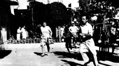 State of siege, inhabitants running to buy provisions, 1948, Palestine, National Archives, Washington [Getty]