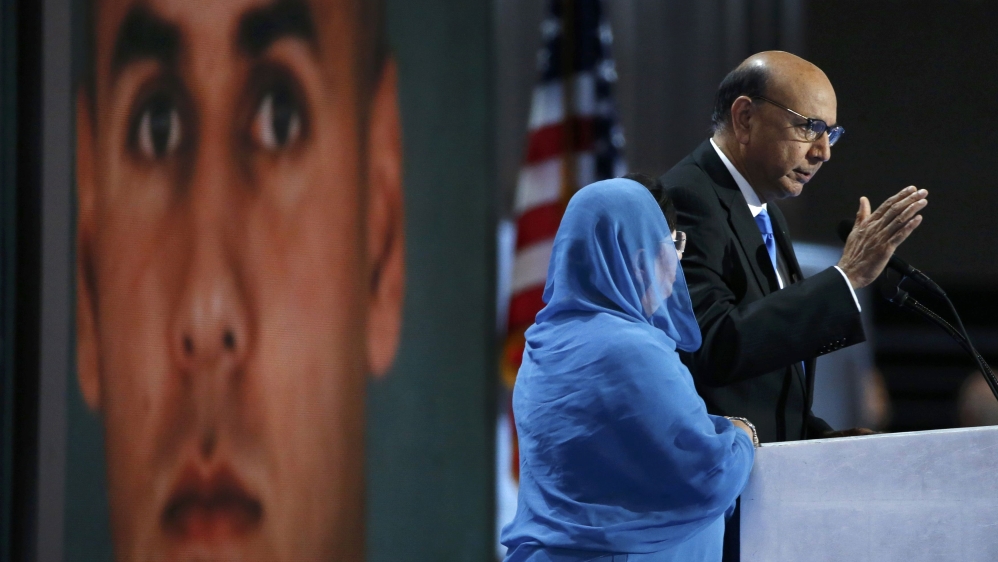 Khan, who''s son Humayun (L) was killed serving in the U.S. Army ten years after September 11, 2001, speaks at the Democratic National Convention in Philadelphia
