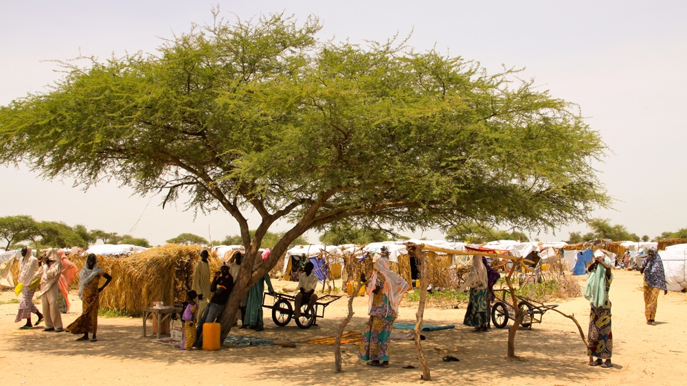 Displaced Nigerians seek some shade in Assaga settlement. During the dry season, temperatures climb up to 48C [Lucas Destrijcker/Al Jazeera] 