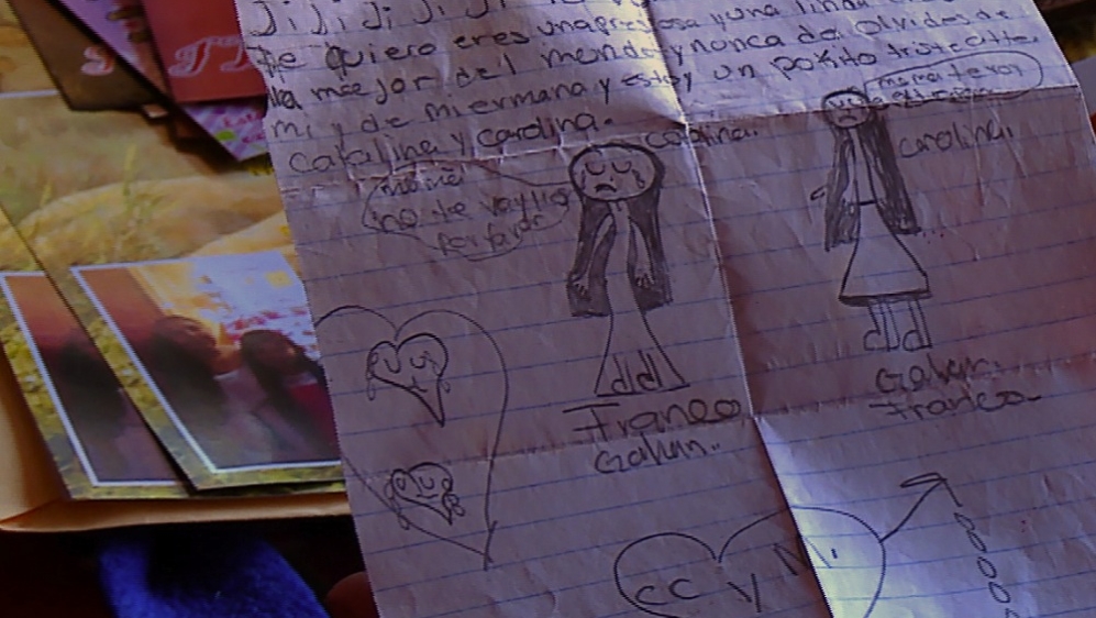 When Montserrat hugged her daughters goodbye on the Mexicali border in 2013, Carolina, then aged nine, slipped this note into her mother's purse. It says: 'Mummy, if you are reading this, it means I am going to miss you very much. I want to cry. I am going to miss you so much. I love you. You are a beautiful person and the best thing in this world. Don't ever forget me or my sister. Yes, I am little bit sad.' [John Dickie/Al Jazeera]