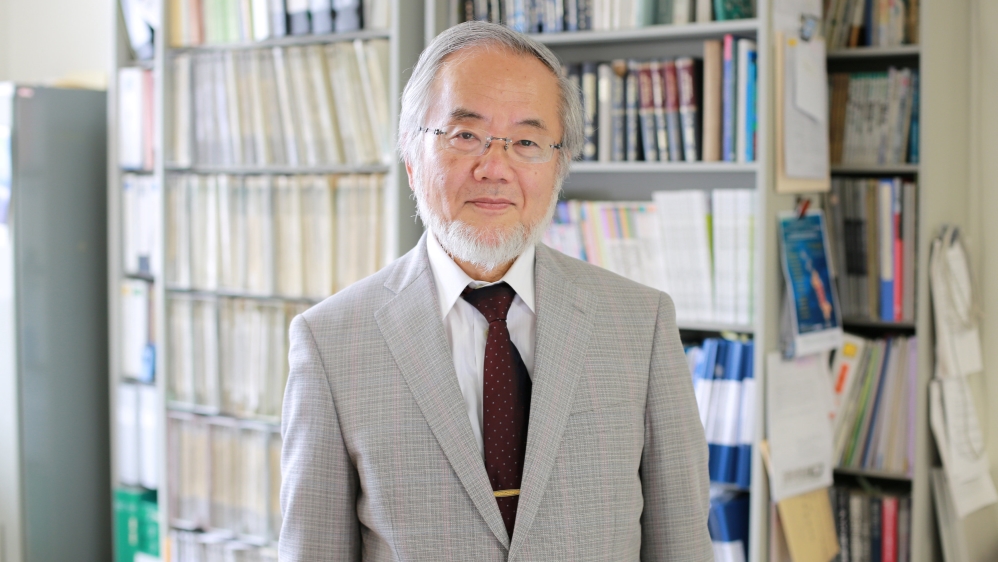 Ohsumi, a professor in Tokyo Institute of Technology is seen at his laboratory office in Yokohama
