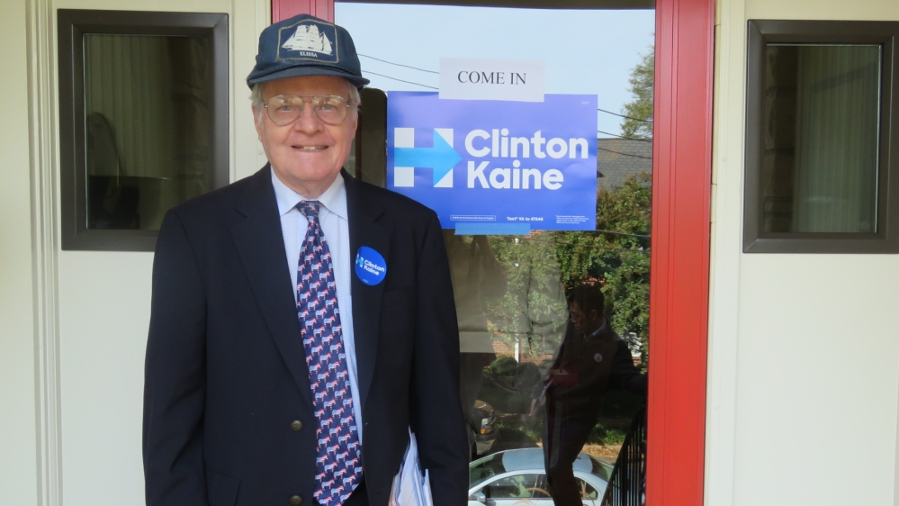 Bill Clayton will campaign for Clinton until polls close on Tuesday [Jessica Sarhan/Al Jazeera]