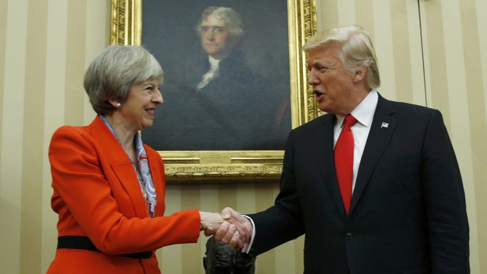 U.S. President Trump greets British Prime Minister May at the White House in Washington