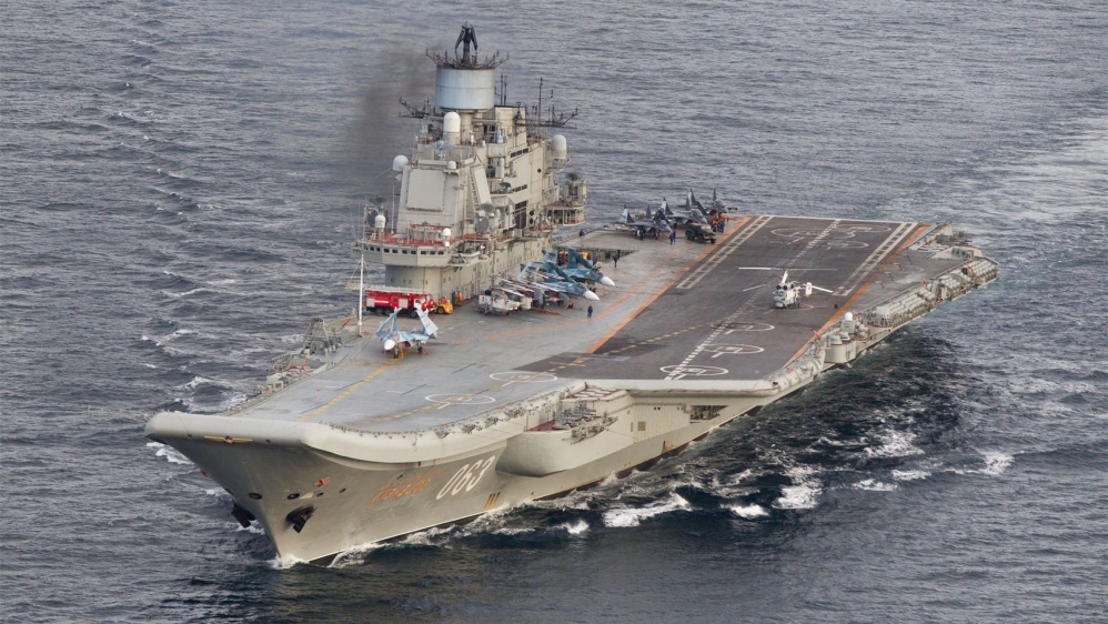 A photo taken from a Norwegian surveillance aircraft shows Russian aircraft carrier Admiral Kuznetsov in international waters off the coast of Northern Norway