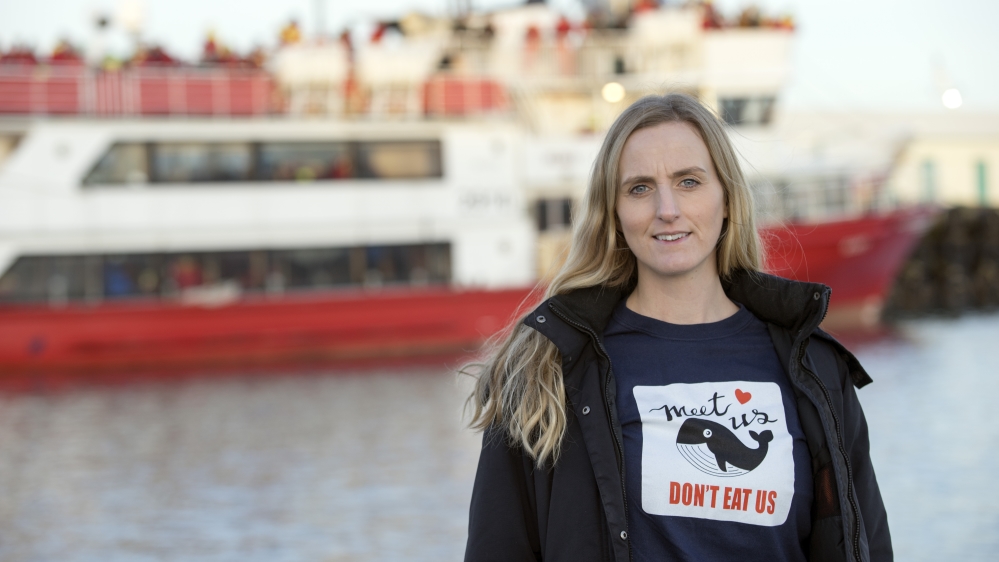 IceWhale, funded by the whale-watching industry, promotes the 'Meet Us, don't eat us' campaign, urging tourists to avoid pro-whaling restaurants [Egill Bjarnason/Al Jazeera]