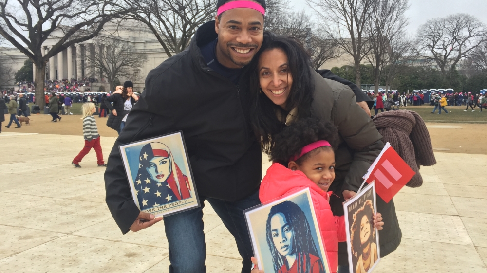 Rahimeh Andalibian from New York, right: “I came with my partner and his lovely daughter daughter to show her that when you hear things and have people in government you disagree with you’ve got to stand up and make sure your voice is heard.”
