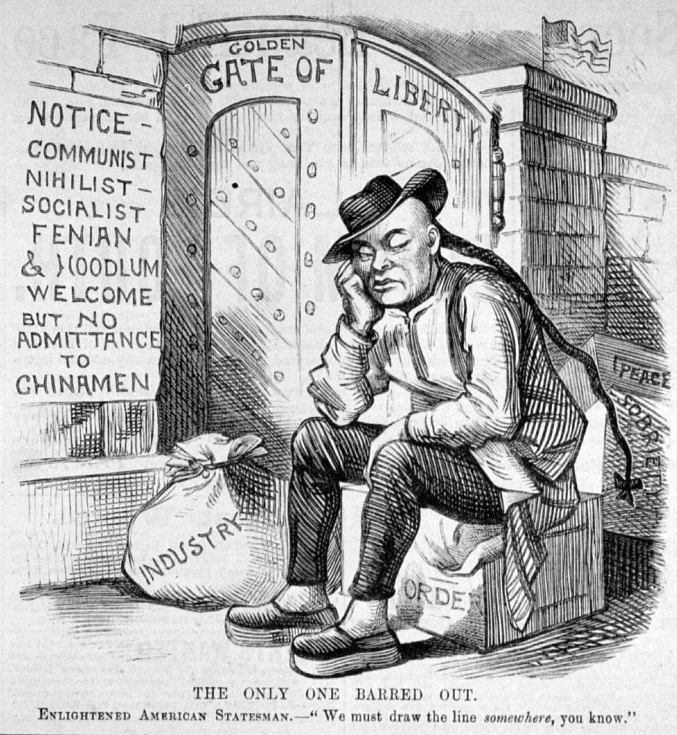 A political cartoon from 1882, showing a Chinese man being barred entry to the “Golden Gate of Liberty”. The caption reads, “We must draw the line somewhere, you know.” [Creative Common]