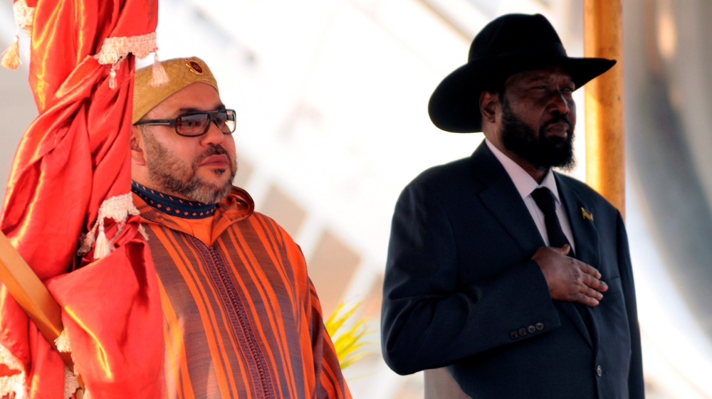 King Mohammed VI of Morocco and South Sudan''s President Salva Kiir stand for the national anthem after he arrived at the Juba airport in South Sudan''s capital Juba