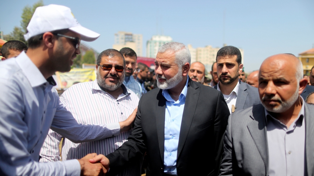 Ismail Haniyeh, newly elected head of Hamas political office, arrives to visit a sit-in in support of Palestinian prisoners on hunger strike in Israeli jails, in Gaza City