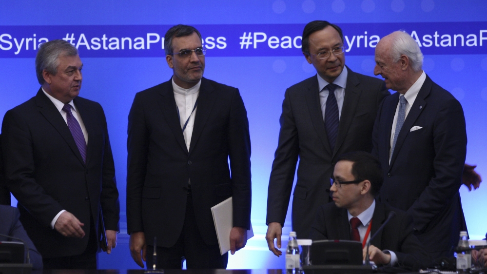 Russian lead negotiator on Syria Lavrentyev, Iranian Deputy FM Jaberi Ansari, Kazakh FM Abdrakhmanov and U.N. Special Envoy for Syria de Mistura attend fourth round of Syria peace talks in Astana