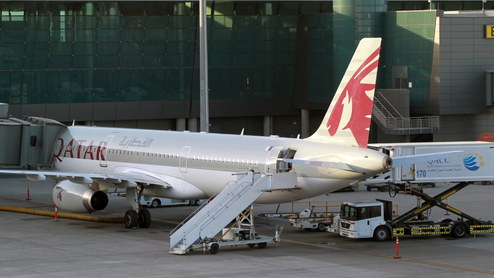 A Qatar Airways plane is seen at Hamad International Airport in Doha