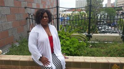 When Terria Cooley left her abusive ex-boyfriend, she was dropped off at the Union Mission in Skid Row, where all the shelter beds were full. A Skid Row resident brought her here, to the Downtown Women's Center, where she got help finding housing, therapy, and medical treatment. [Carla Green/Al Jazeera] 