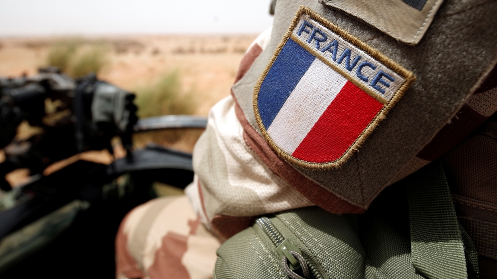 A close-up of a French flag patch worn by French troops in Africa’s Sahel region, as part of Operation Barkhane in Inaloglog, Mali, October 17, 2017