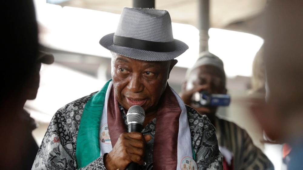 Joseph Nyuma Boakai, Liberia's former vice president and presidential candidate of the Unity Party (UP), speaks during a campaign rally in Monrovia, Liberia, in 2017
