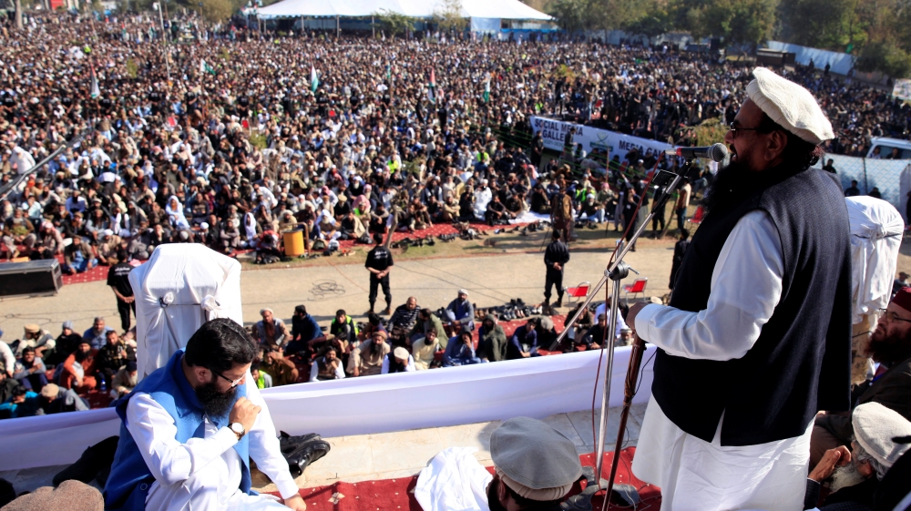 Hafiz Muhammad Saeed, chief of the Islamic charity organisation Jamaat-ud-Dawa, speaks to supporters during anti-US gathering in Rawalpindi