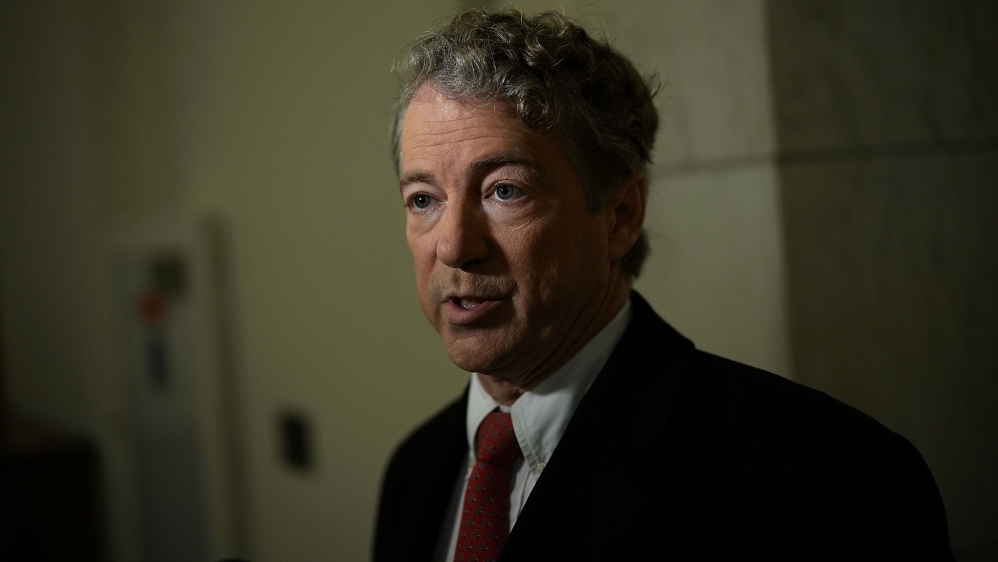 Rand Paul participates in a TV interview outside his office at Russell Senate Office Building on Capitol Hill