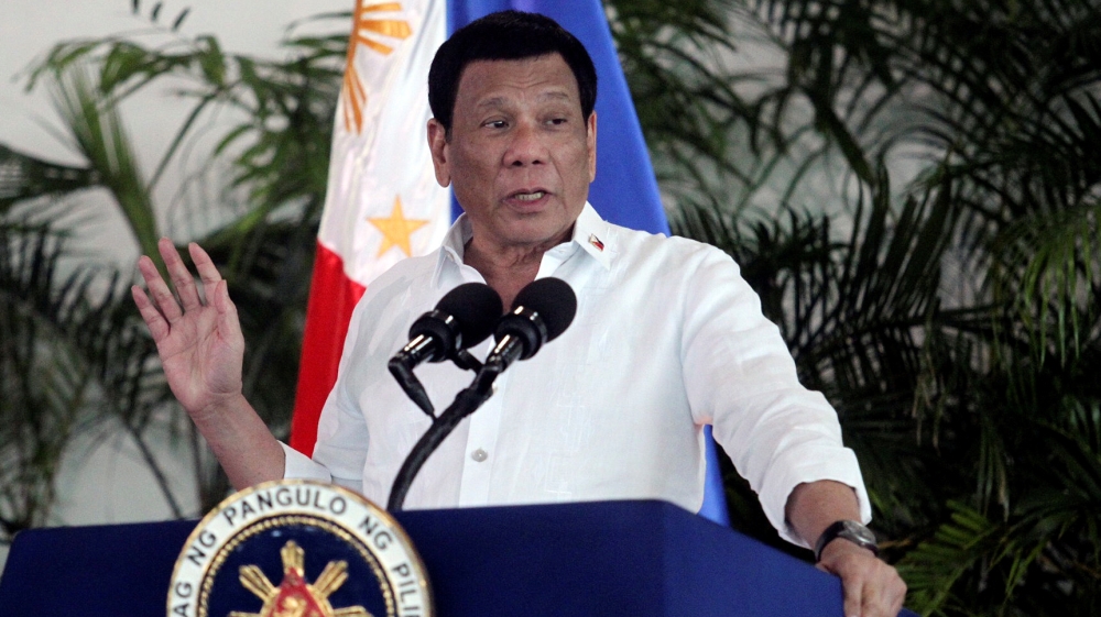 President Rodrigo Duterte speaks after his arrival in Davao