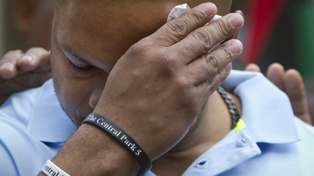 Kevin Richardson, one of the wrongly convicted ‘Central Park Five’, gets emotional during a news conference to announce the payout for the case at City Hall in New York on June 27, 2014