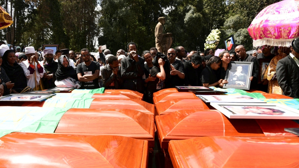 Coffins of Ethiopian passengers and crew members are arranged during a memorial service for the victims of Flight ET 302 plane crash at the Selassie Church in Addis Ababa, Ethiopia on March 17, 2019