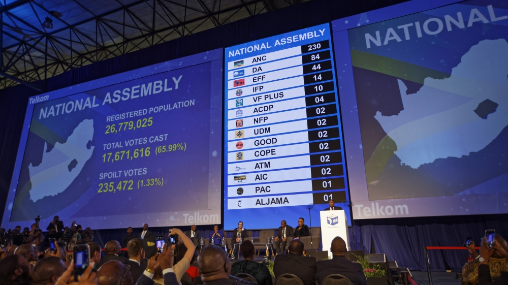 The final results of South Africa’s 2019 election are displayed at a results ceremony in Pretoria, South Africa, May 11, 2019
