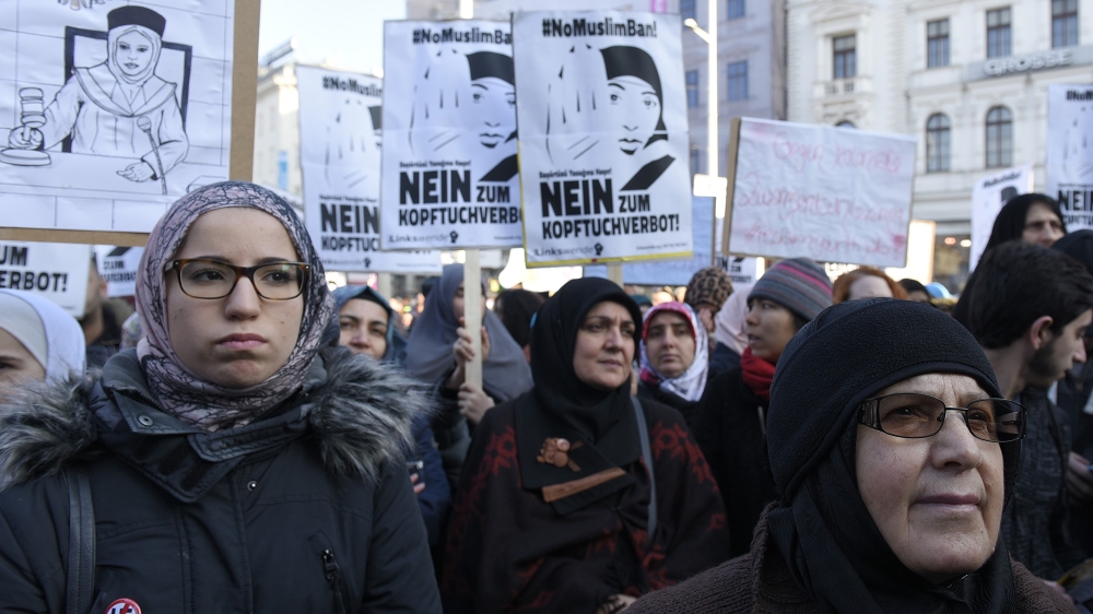 Protest against women headscarves ban in Austria VIENNA, AUSTRIA FEBRUARY 04 : Muslims and Austrian citizens attend a protest against the women headscarves ban proposed by the government countrys rul