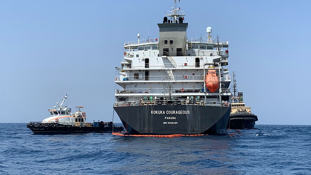 A picture taken during a guided tour by the US Navy shows the Japanese oil tanker Kokuka Courageous off the port of the Gulf emirate of Fujairah
