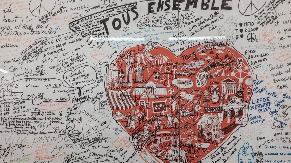A sign commemorates victims of the 2016 attack on the Maalbeek metro station in central Brussels. The suicide bombing was one of three that took place in Belgium on March 22, 2016. The other two were at Brussels Airport in Zaventem. The coordinated attacks, which killed 35 people, including three perpetrators, were carried out by a cell linked to the November 2015 attacks in Paris and happened just days after a series of police raids targeted the group in the suburbs of Molenbeek and Forest