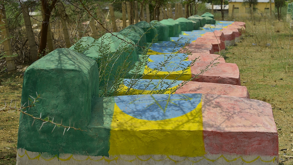 Memorial tombstones for Ethiopian soldiers who died fighting against Eritrean forces during the two-year border war from 1998-2000