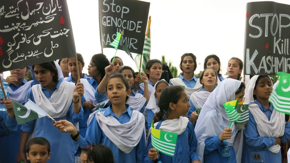 Schoolchildren chant slogans calling for Kashmir’s freedom at a protest in Islamabad