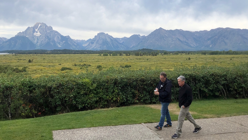 Federal Reserve Chair Jerome Powell and New York Federal Reserve President John Williams walk together in Jackson Hole