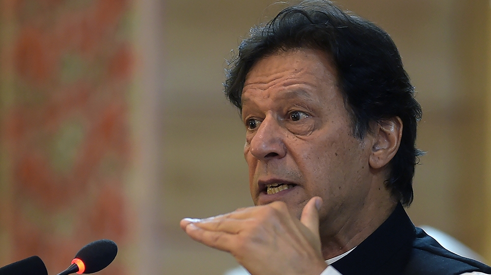 Pakistan''s Prime Minister Imran Khan addresses the legislative assembly in Muzaffarabad, the capital of Pakistan-controlled Kashmir on August 14, 2019 to mark the country''s Independence Day. - His vis