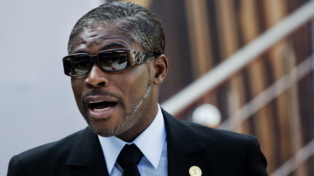 Equatorial Guinea Vice-President Teodoro Nguema Obiang Mangue arrives for the swearing-in ceremony of Cyril Ramaphosa at Loftus Versfeld stadium in Pretoria, South Africa, Saturday May 25, 2019. Ramap
