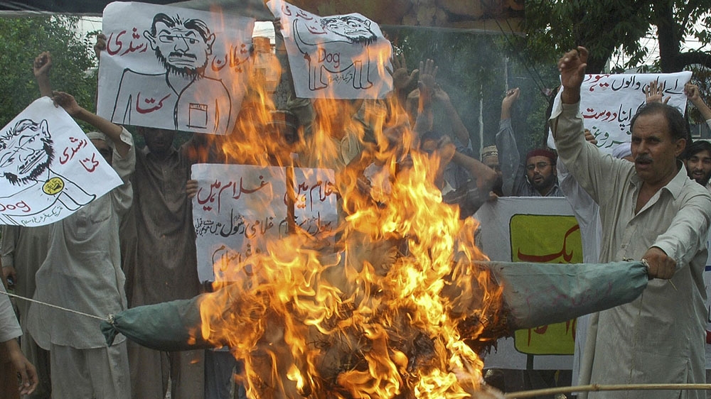 The author’s effigy was burned at protests during the ‘Rushdie affair’