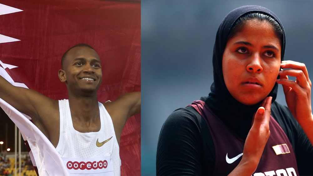 Qatari athletes Mutaz Essa Barshim, left, and Mariam Farid