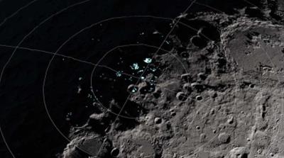Vikram lander lays silent somewhere near the moon’s south pole, where the blue highlighted spots in this view indicate possible water ice