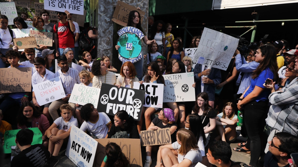 Youth-led protesters demonstrate in front of the United Nations (UN) in support of measures to stop climate change