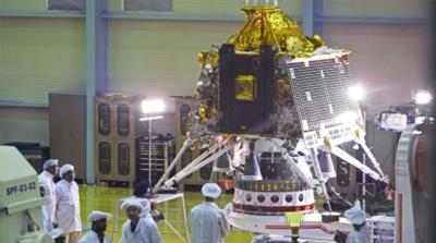 India’s Chandrayaan-2 spacecraft lander module, seen here at the Indian Space Research Organization Satellite Integration and Test Establishment (ISITE) in Bengaluru
